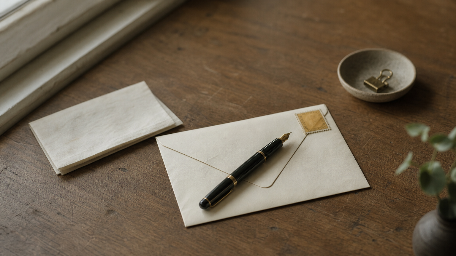 A sealed envelope with a stamp, a folded letter, and a pen on a desk.