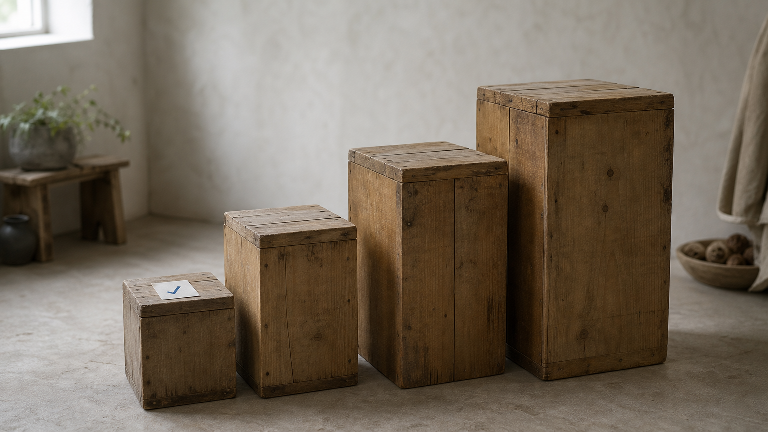 Four wooden crates rise in height from left to right, with a tick card resting on the lowest one.