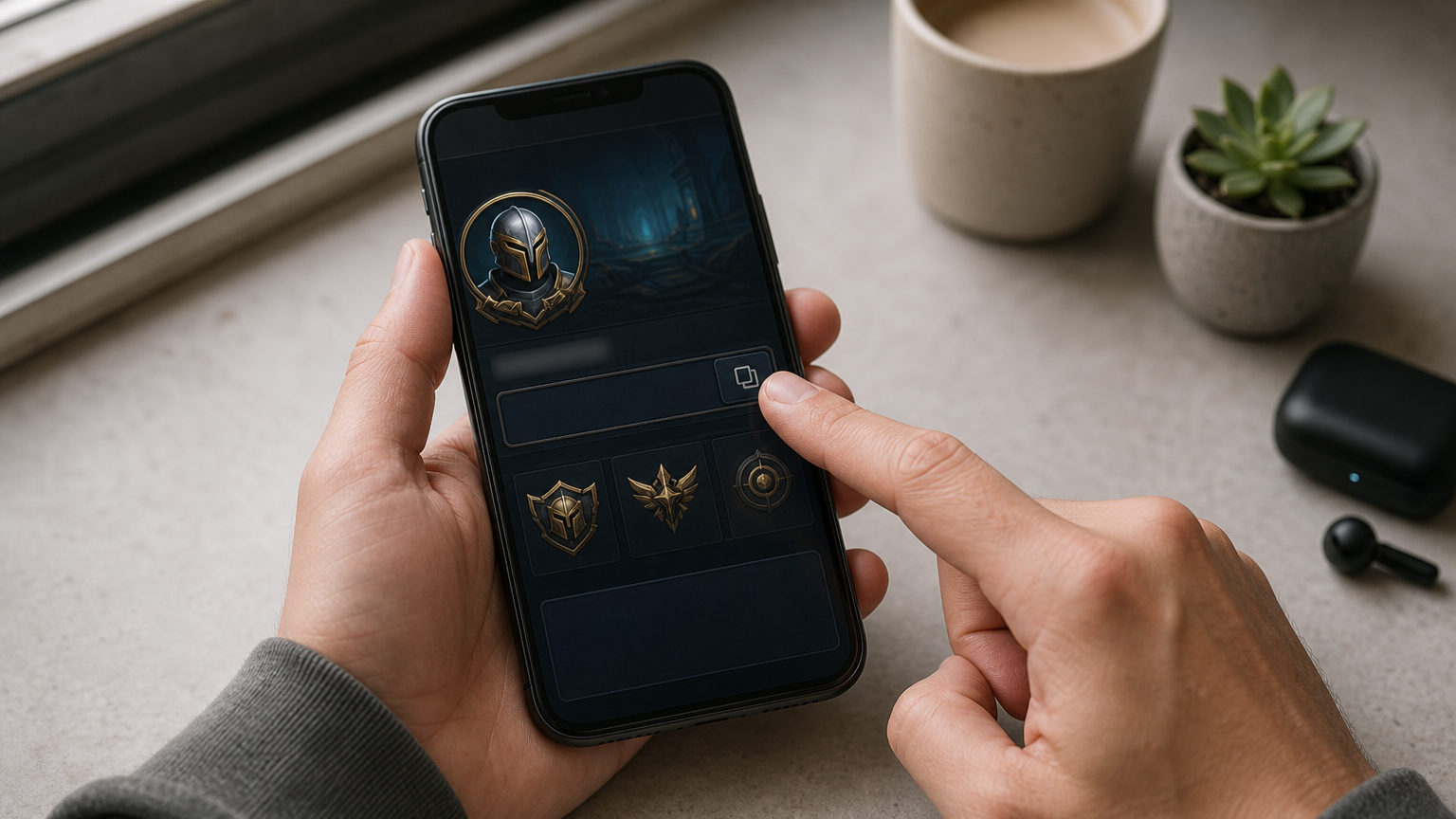 A hand holding a smartphone with a game profile open, a finger tapping the copy button next to the numeric Player ID.