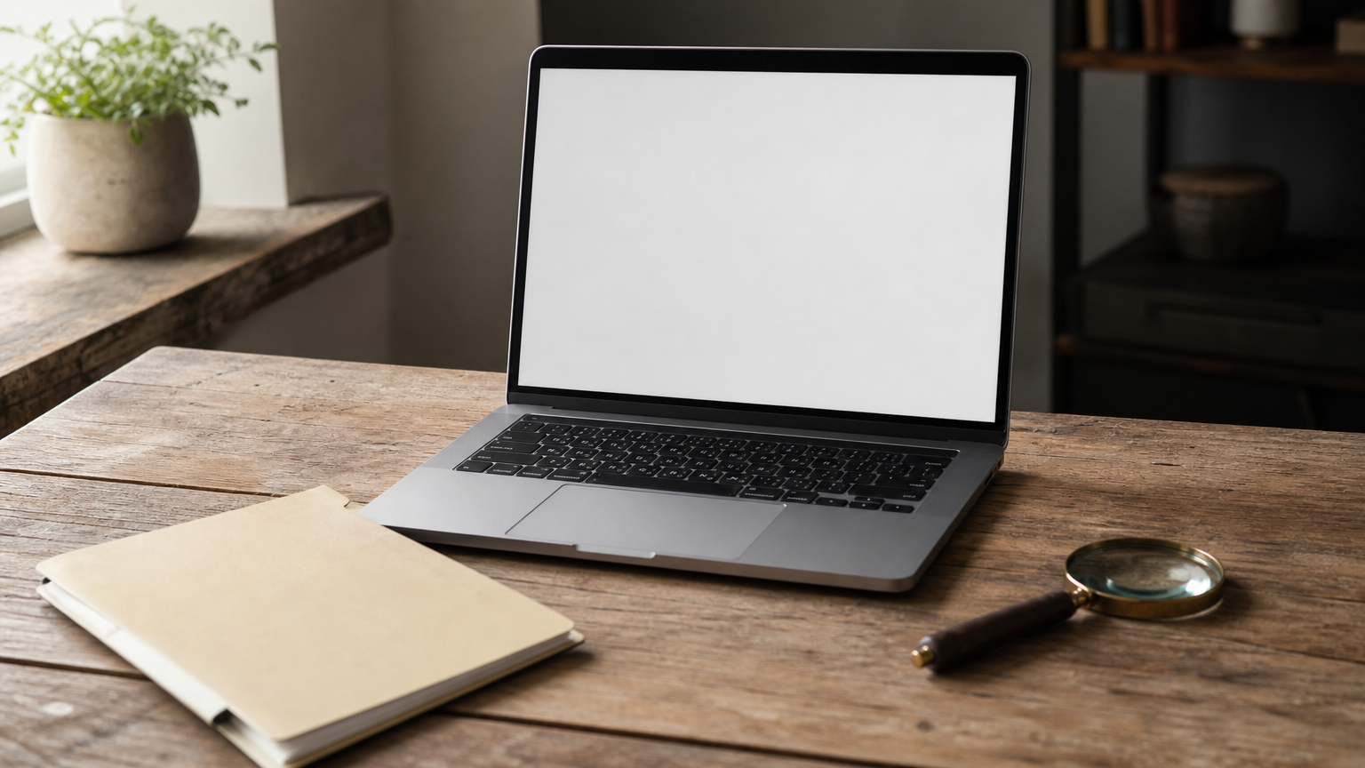 An open laptop with a blank screen, a magnifying glass, and a manila folder on a desk.