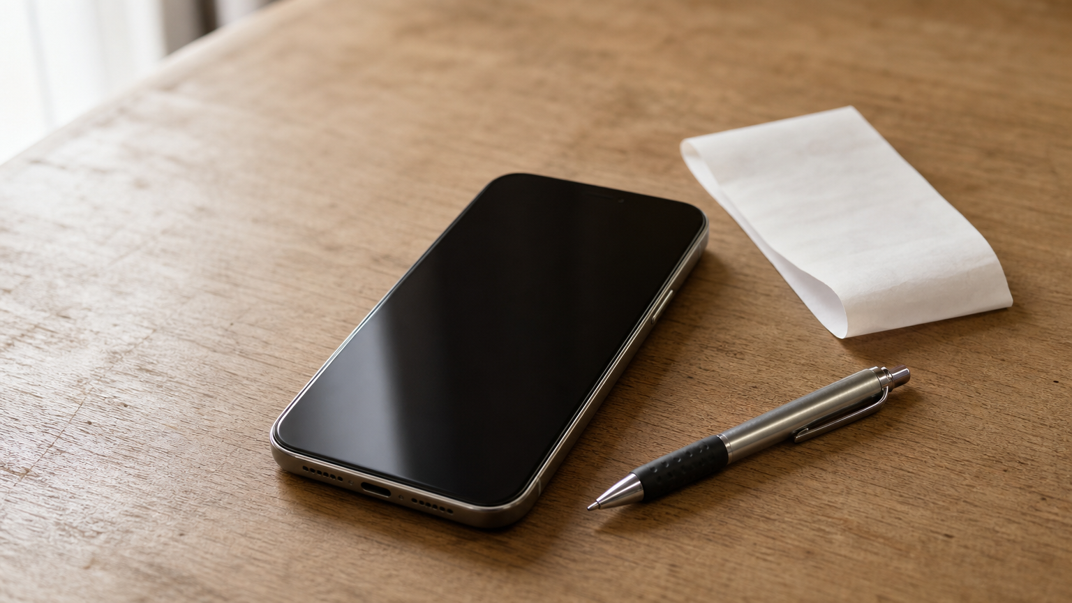 A smartphone lying face-up next to a folded paper receipt and a pen, representing a completed top-up payment record.