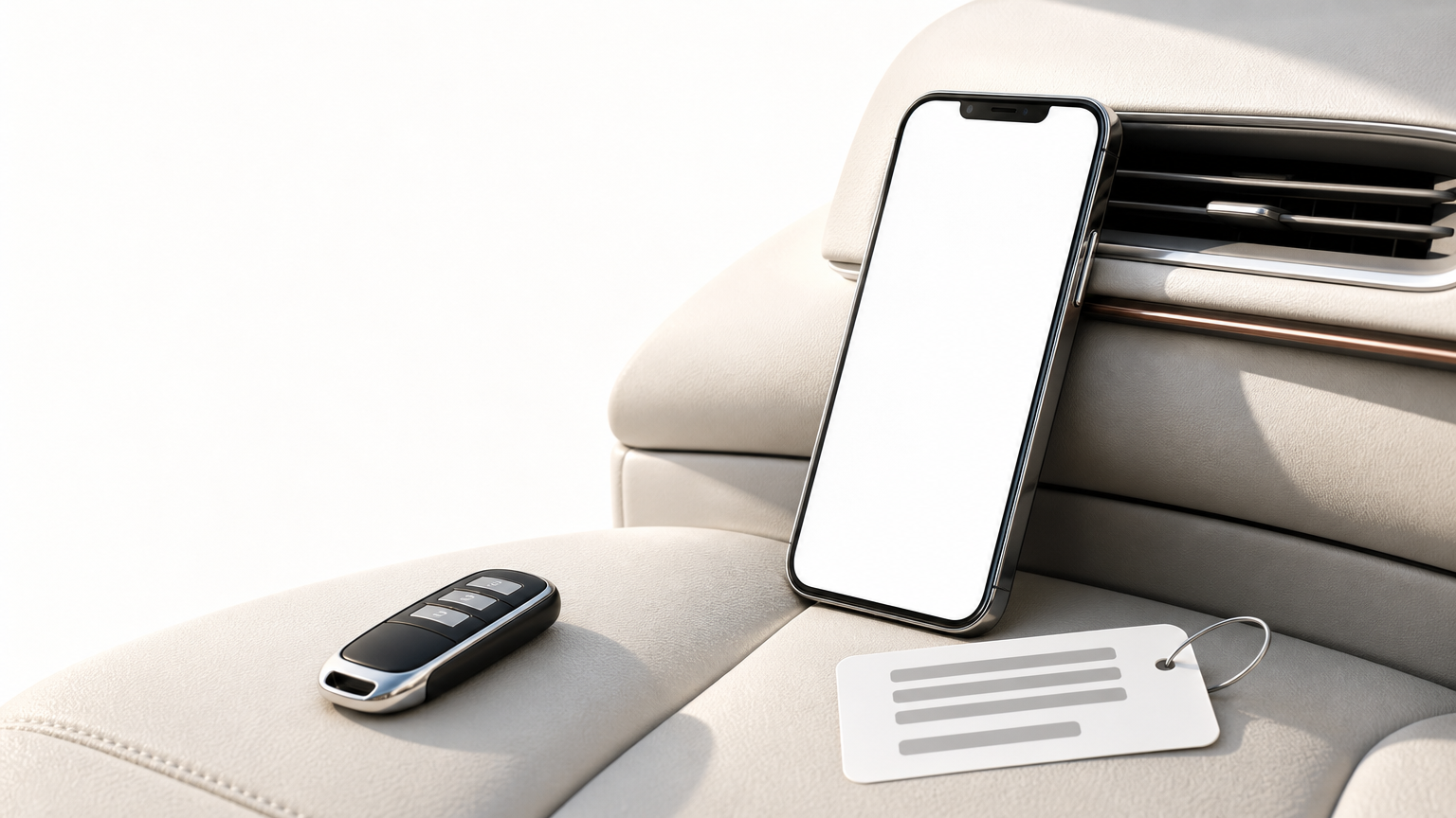 A smartphone resting on a car dashboard next to a key fob and a printed VIN tag.