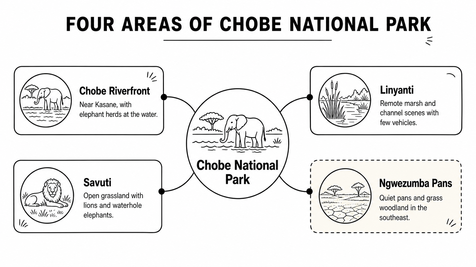 Pictures of Chobe National Park: What You'll See and Where A hub diagram with Chobe National Park at the center and four areas branching out, each with a short description and icon.