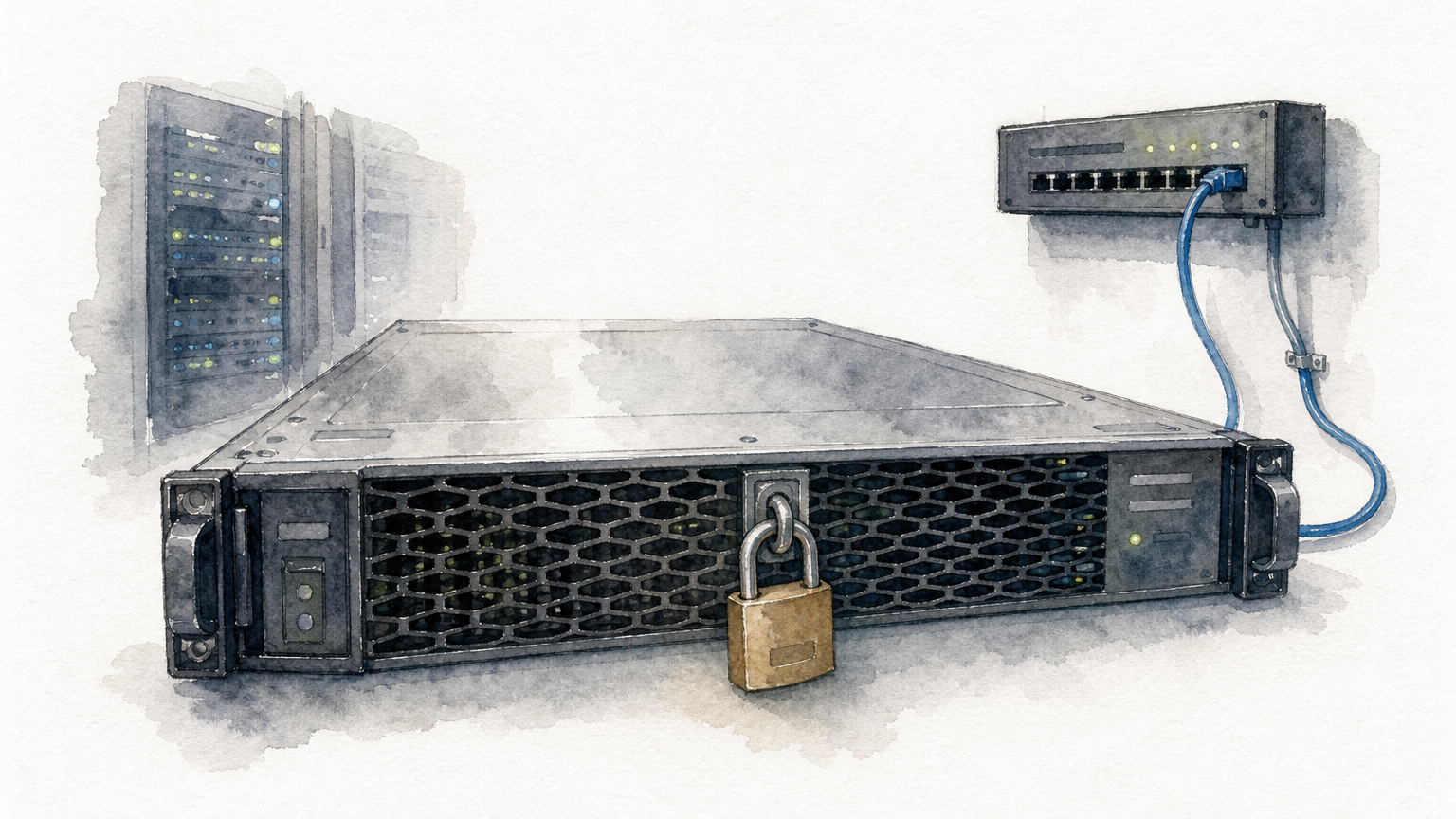 A rack-mounted GPU server in a data center aisle, with a padlock on its front panel.
