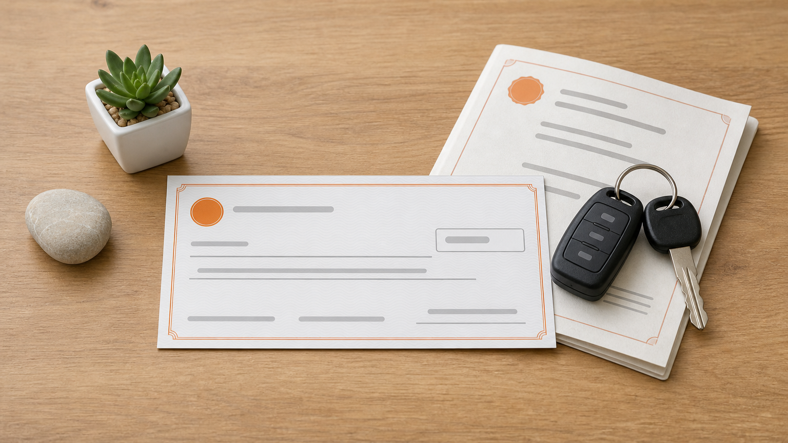 A cashier's check, a signed car title, and a set of car keys arranged together on a table.