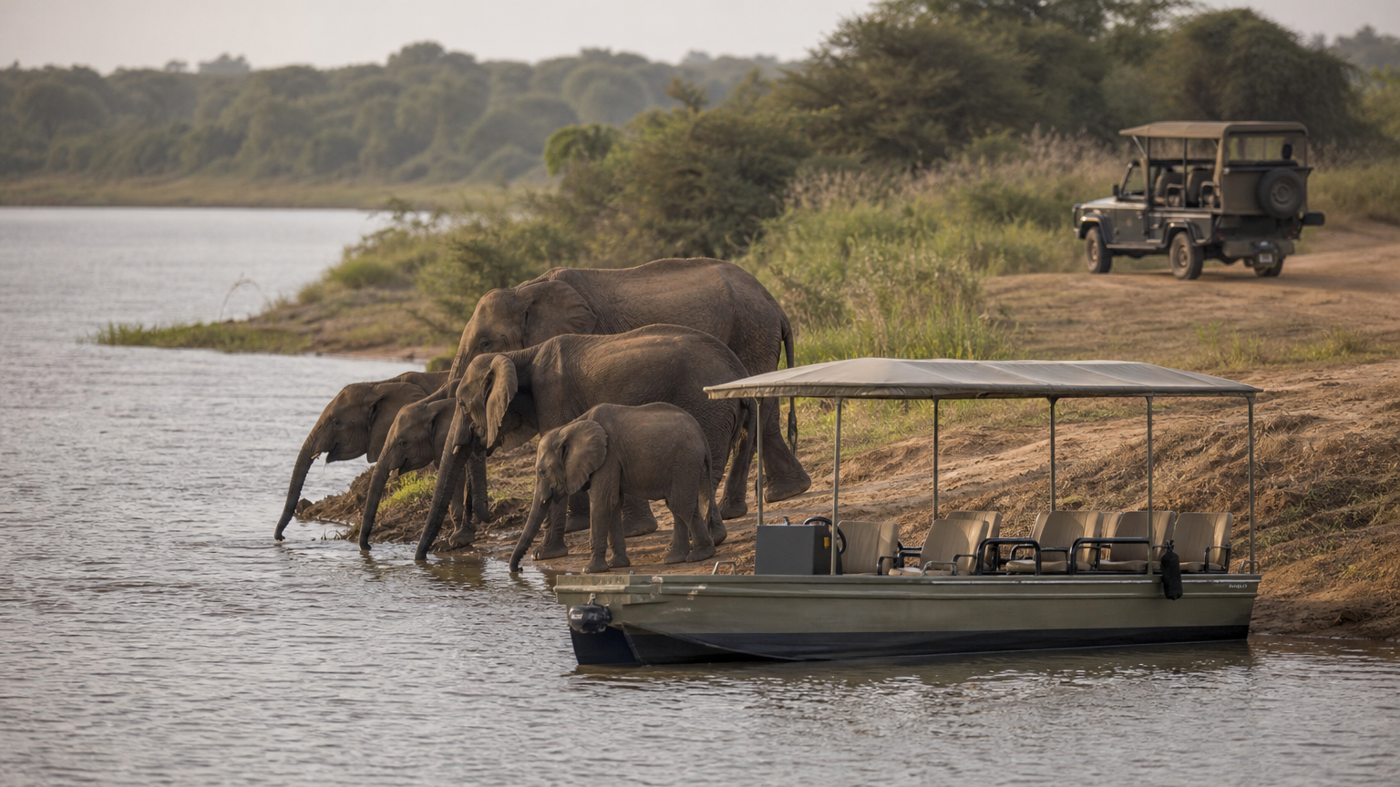 Pictures of Chobe National Park: What You'll See and Where A small open tourist boat floats near elephants drinking at a riverbank, with a safari vehicle parked on the track behind.