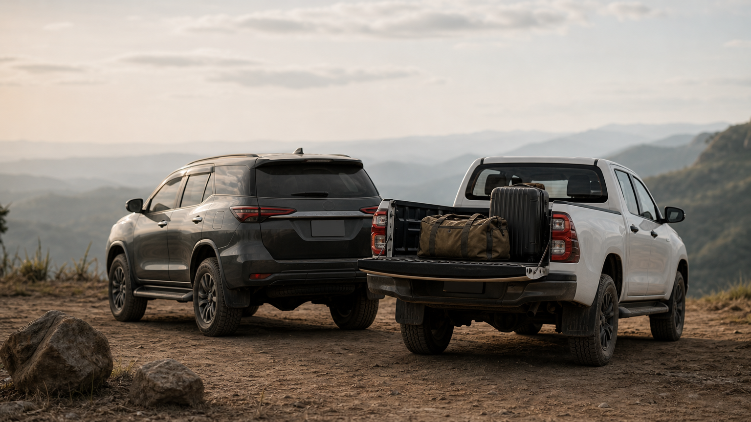 A Toyota Fortuner and a Toyota Hilux Revo pickup parked side by side on a dirt road with luggage in the pickup bed.