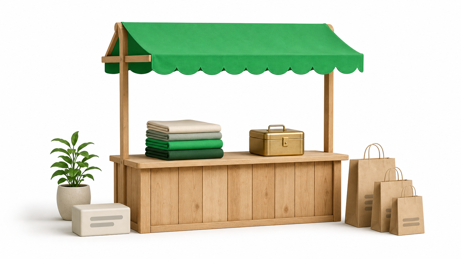 A market stall holds folded cloth, a cash box, and paper shopping bags, suggesting a two-sided marketplace.