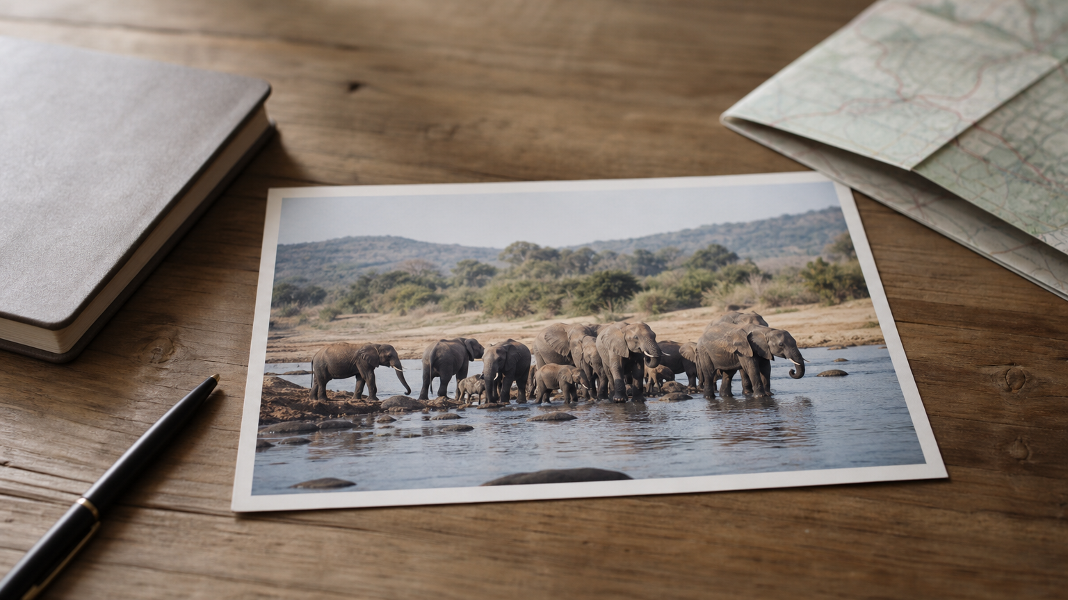 Pictures of Chobe National Park: What You'll See and Where A printed photograph of elephants at a river rests on a wooden table beside a notebook, a pen, and a folded map.