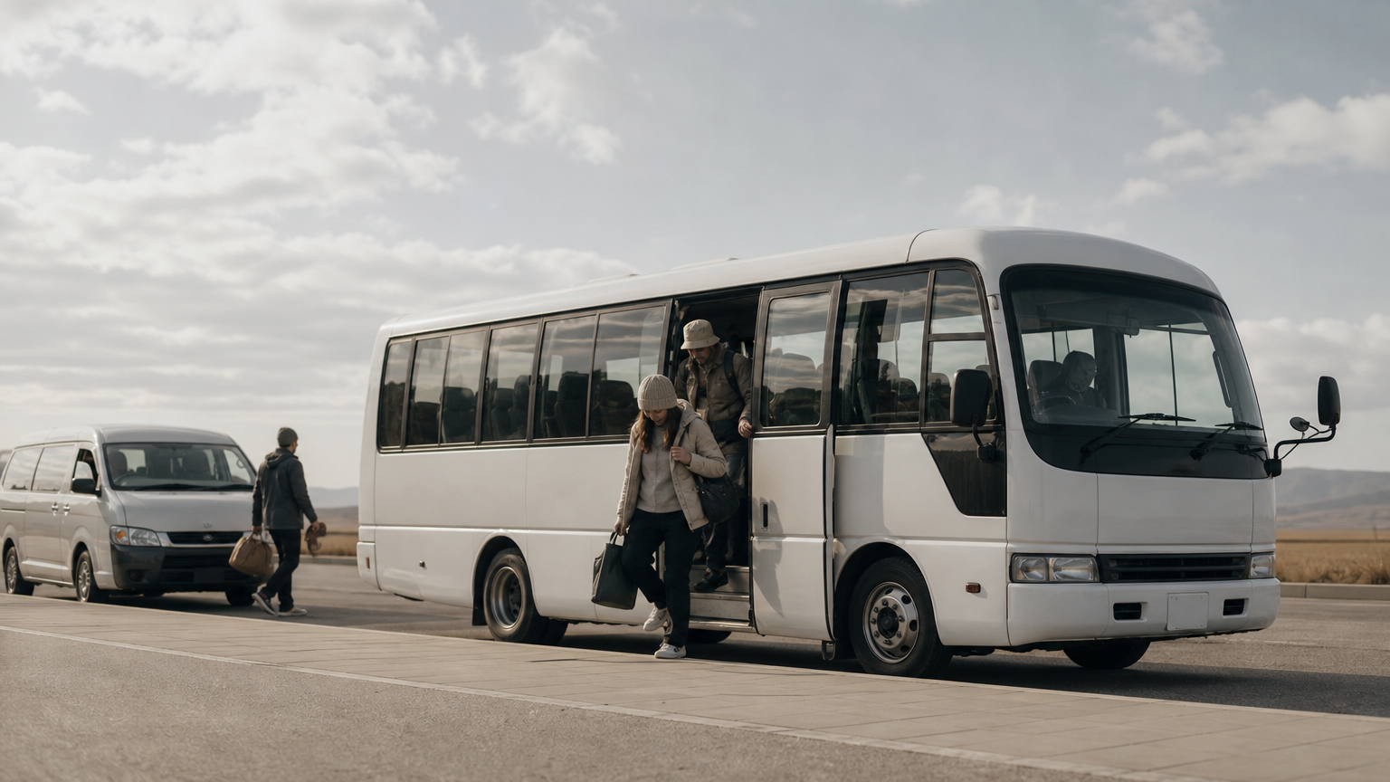 A white coaster bus parked at a curb beside a smaller Grand Cabin van, with travelers stepping off the bus.
