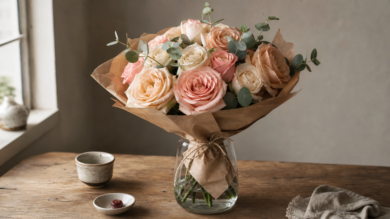 A hand-tied bouquet of full roses with eucalyptus sprigs in a clear glass vase on a table.