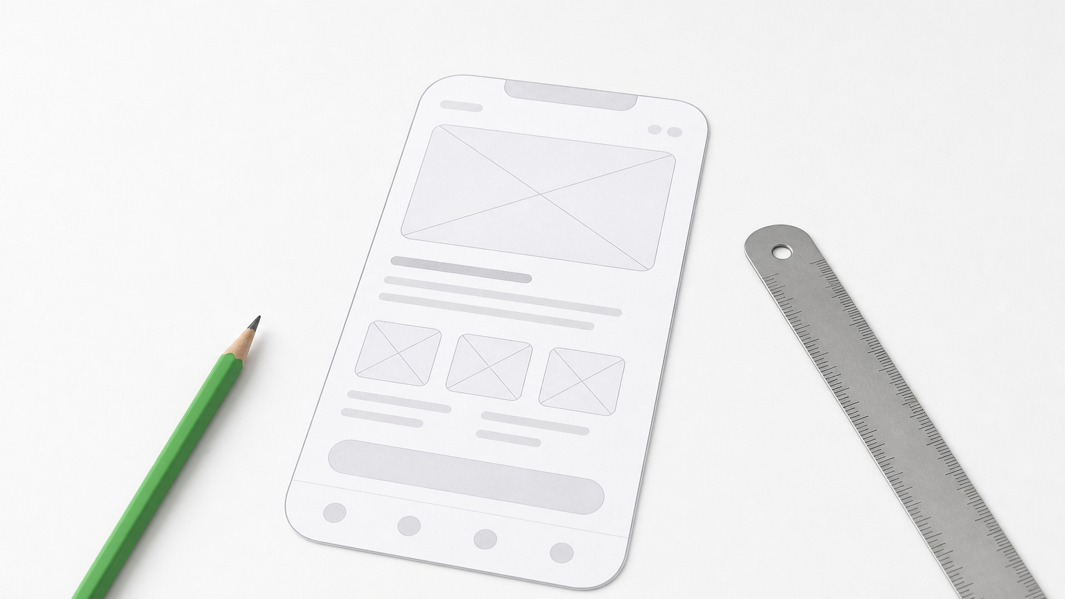 A paper wireframe of a phone screen sits on a desk beside a pencil and a ruler.