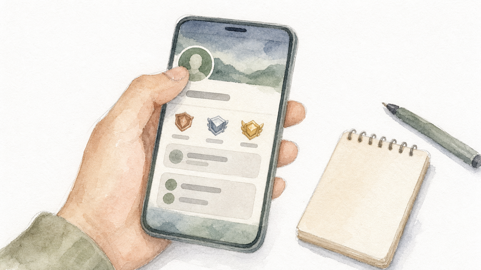 A hand holds a phone with a game profile screen, with the round avatar in the top-left corner.
