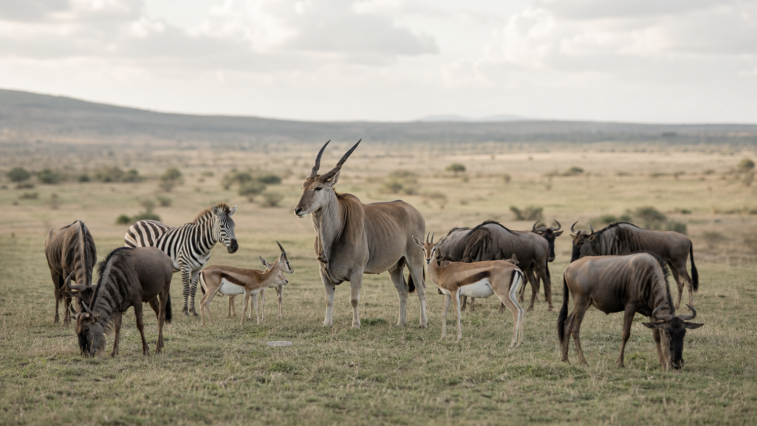 Wildebeest, zebra, gazelles, and an eland graze together on open Serengeti grassland.