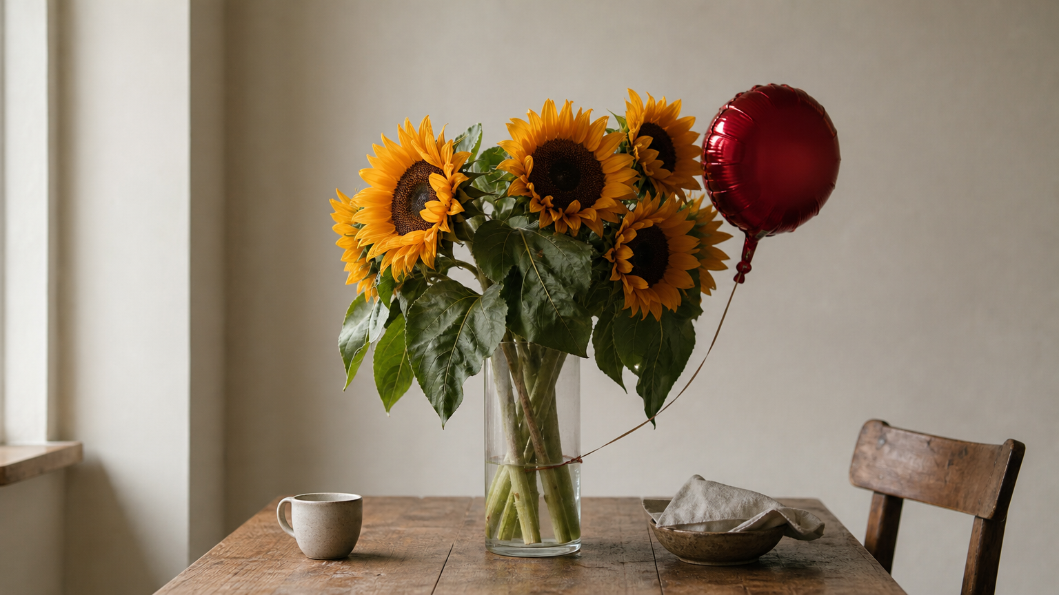 Large sunflower heads with green leaves in a tall glass vase, with a birthday balloon tied beside it.