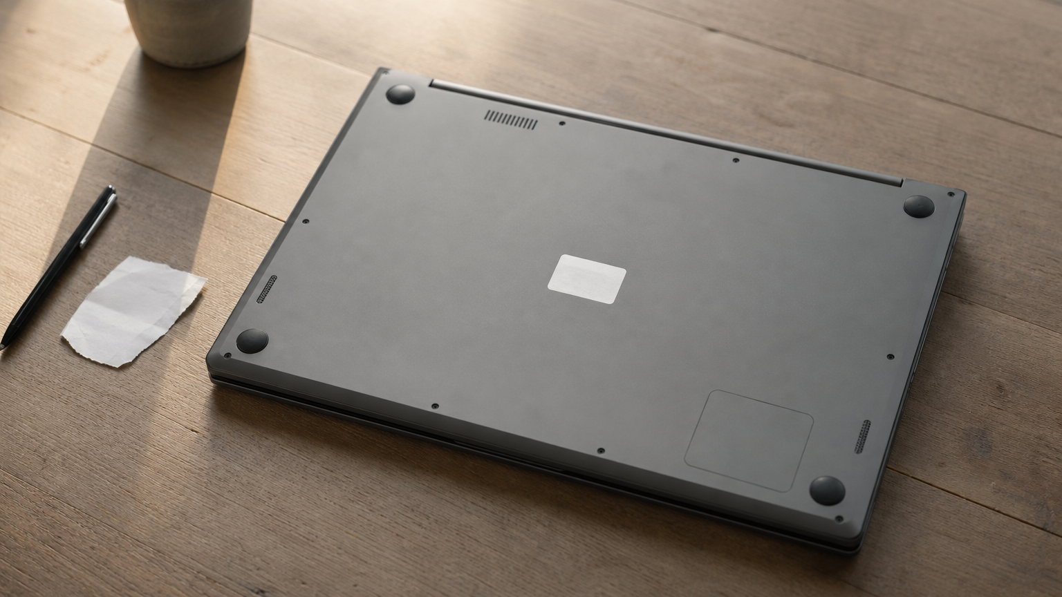 A laptop turned upside down to show a Certificate of Authenticity sticker on its underside, with a receipt and pen beside it.
