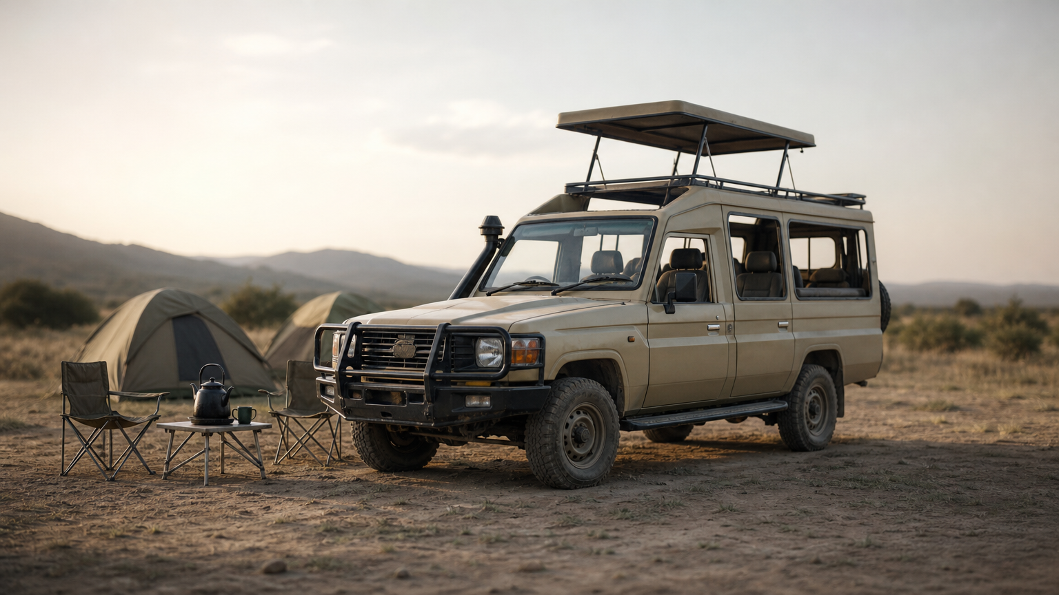 A safari 4x4 with its roof raised stands beside two tents at a campsite with folding chairs.