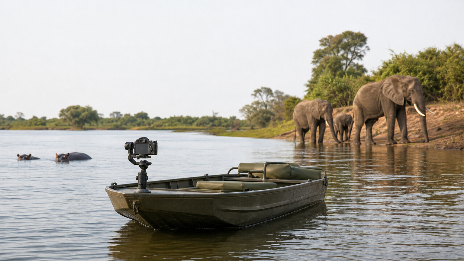 A low photographic boat with a gimbal-mounted camera drifts on a river while elephants drink from the bank.