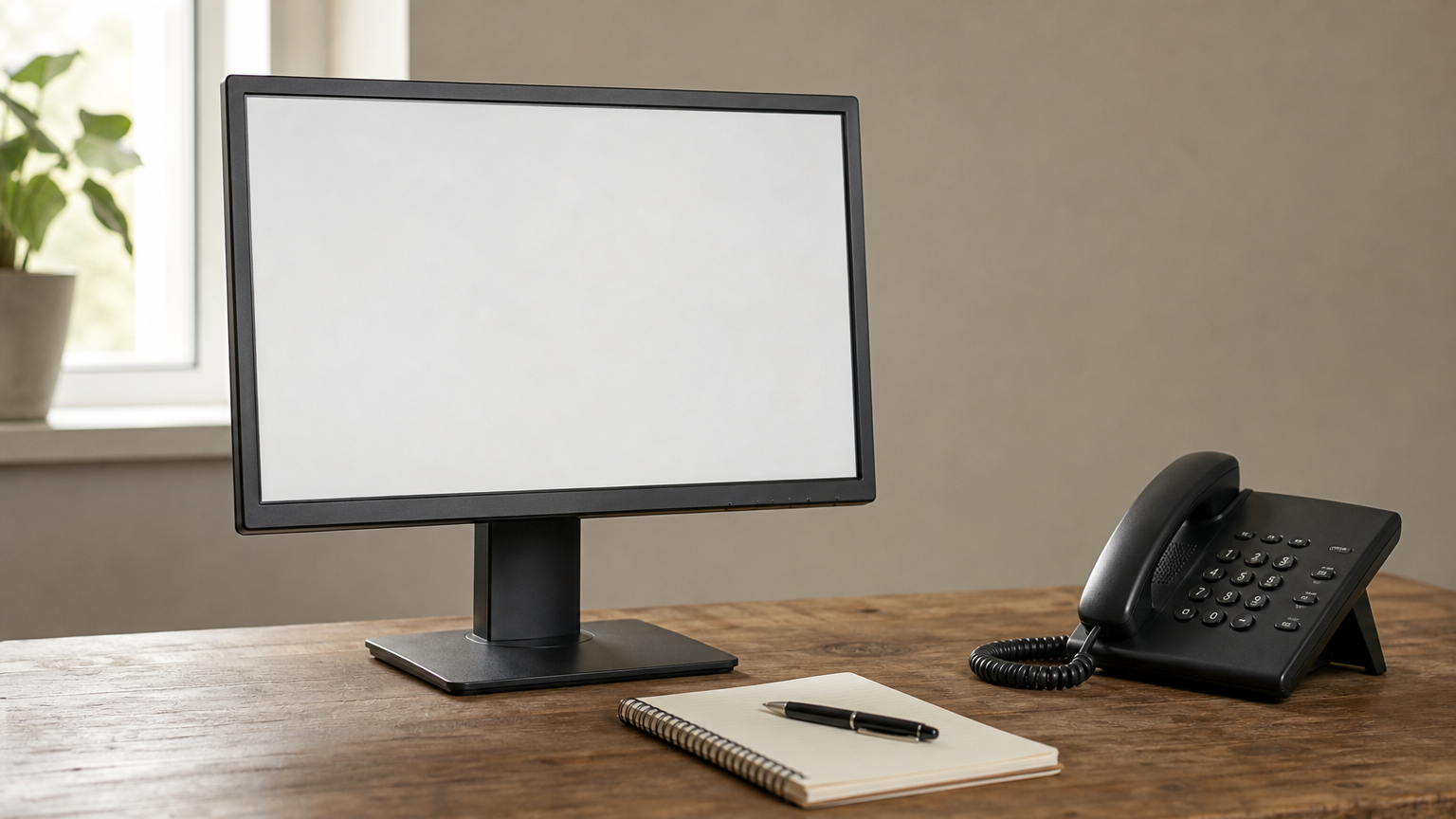 A computer showing an activation window beside a landline telephone and a notepad with a pen on a desk.