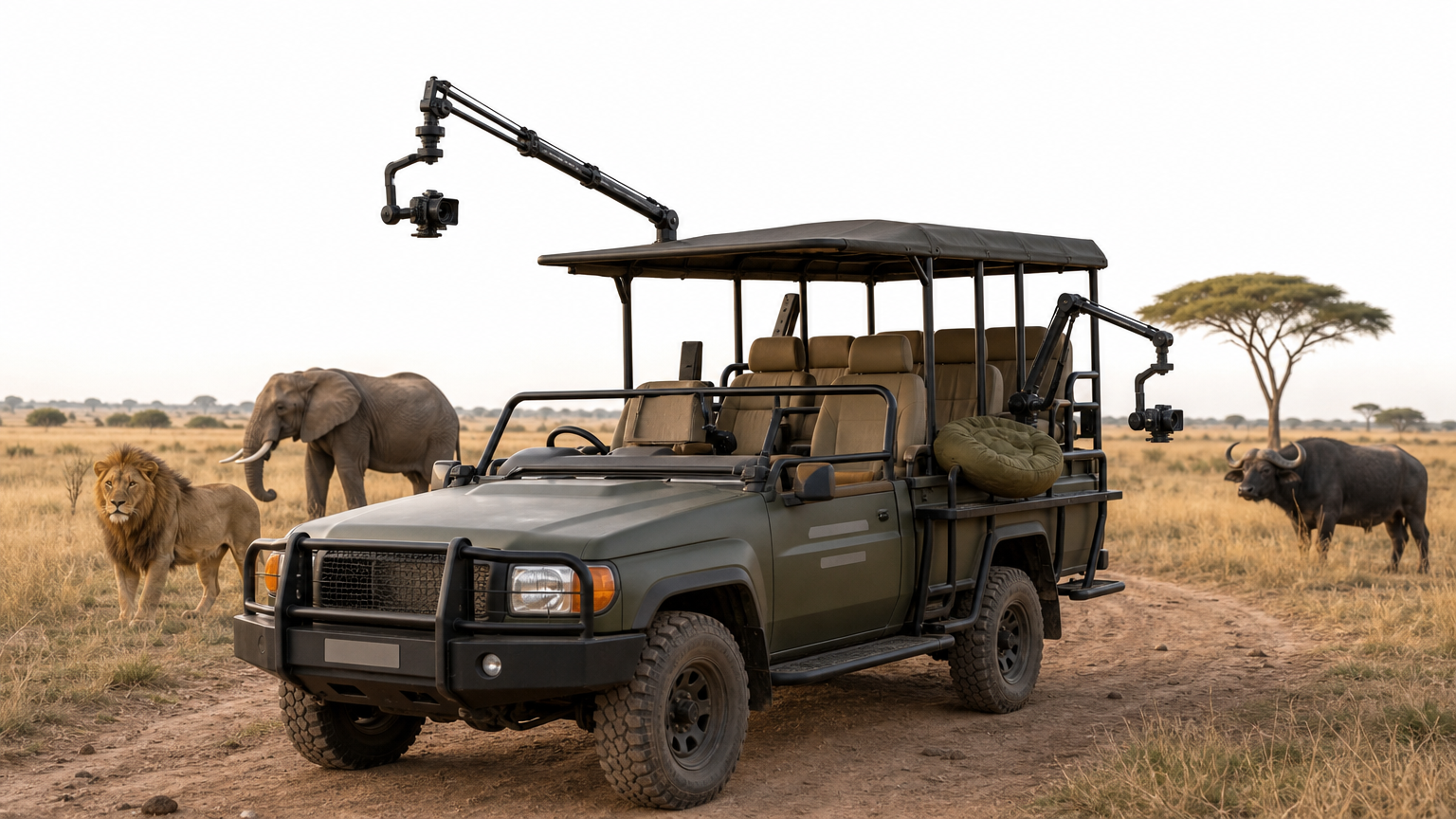 An open safari vehicle with swinging camera arms and gimbal heads waits on a dirt track.