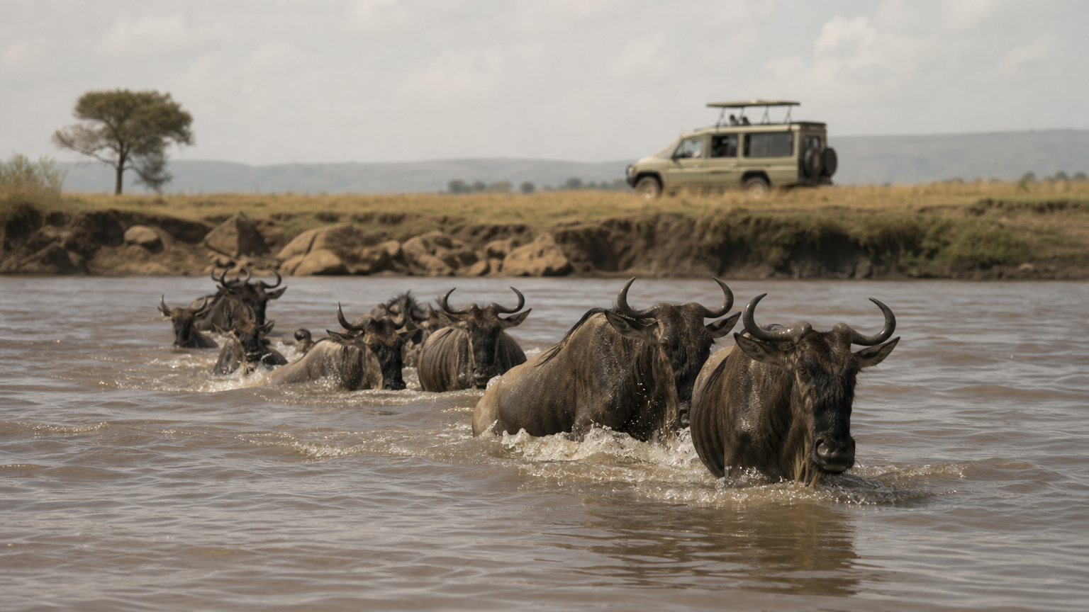 Wildebeest cross a river while a safari vehicle with its roof open waits on the bank.
