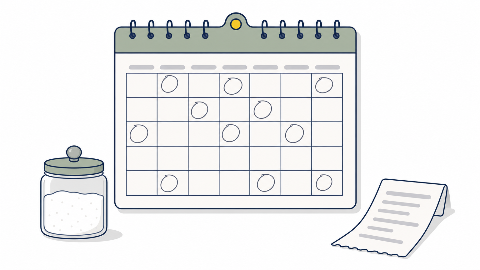 A kitchen wall calendar with circled dates sits near a sugar jar, suggesting a recurring service schedule.