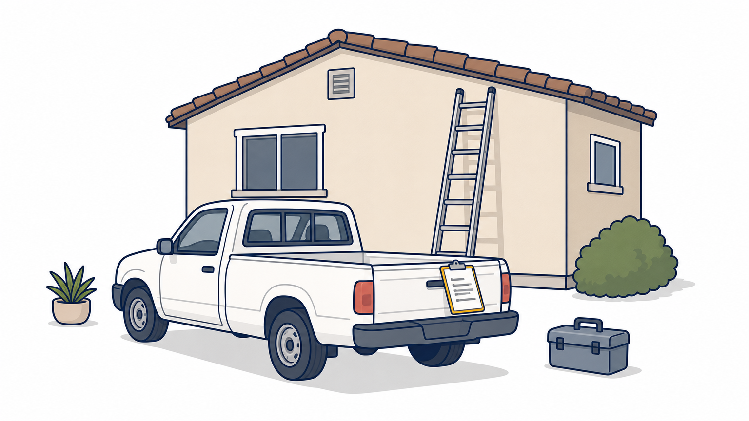 A small white pickup with a ladder and clipboard is parked in front of a stucco house.