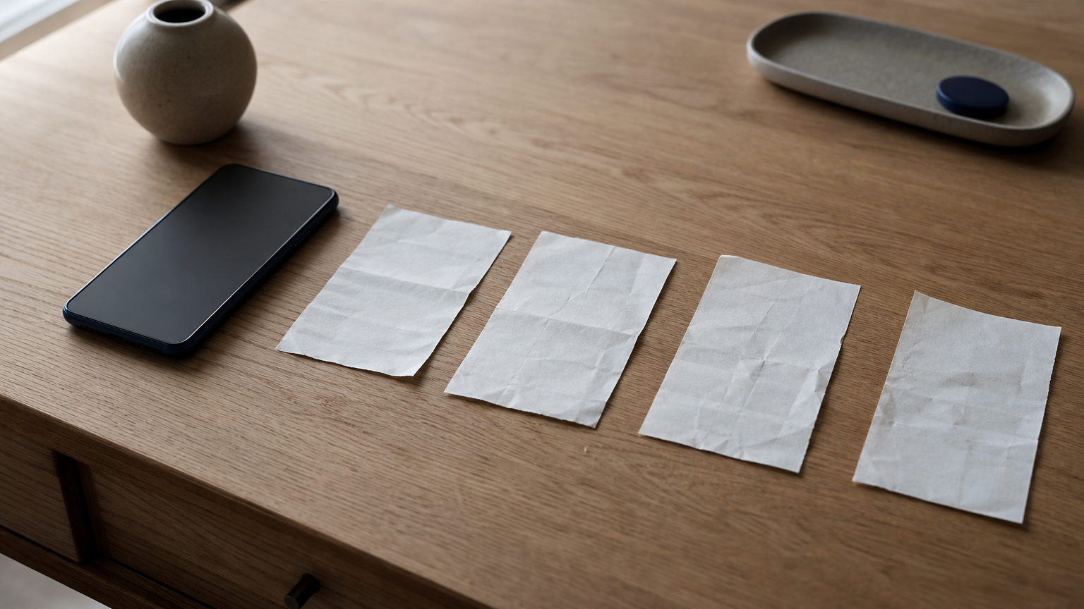 Four paper receipts lie in a row on a desk beside a smartphone, arranged in order.