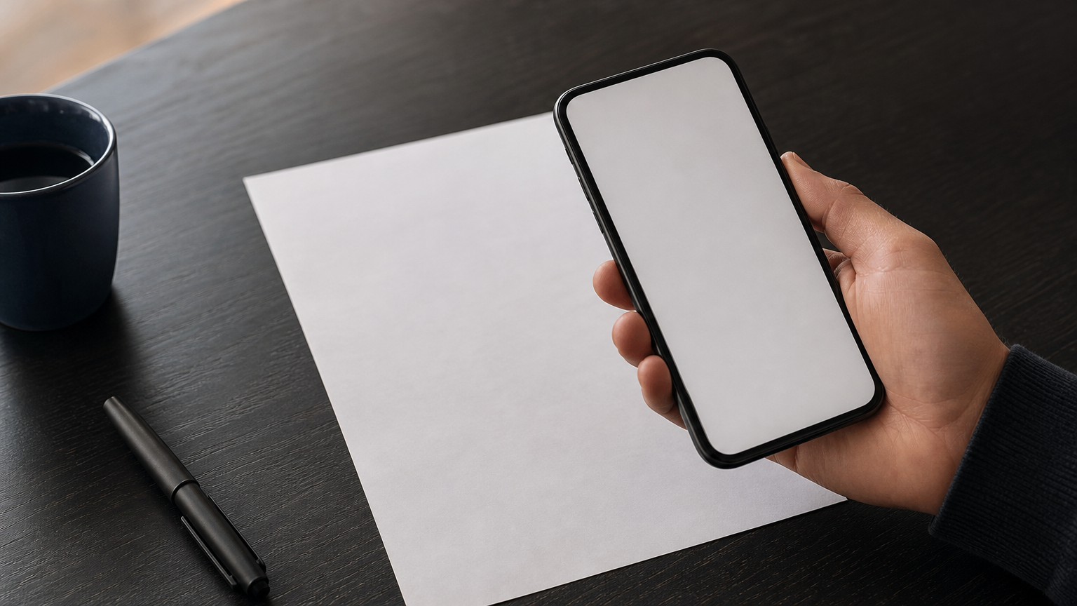 A smartphone hovers above a paper form lying flat on a dark table.