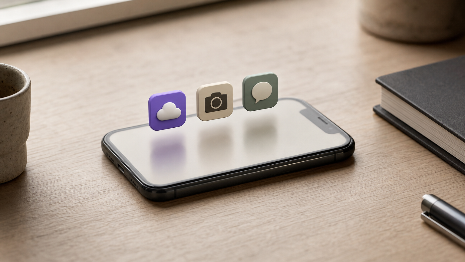 A smartphone lying face up with three app icons above it, one marked by a small cloud symbol.