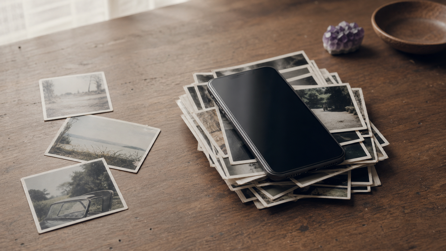A smartphone resting on a pile of loose printed photographs, with three prints slid off to one side.