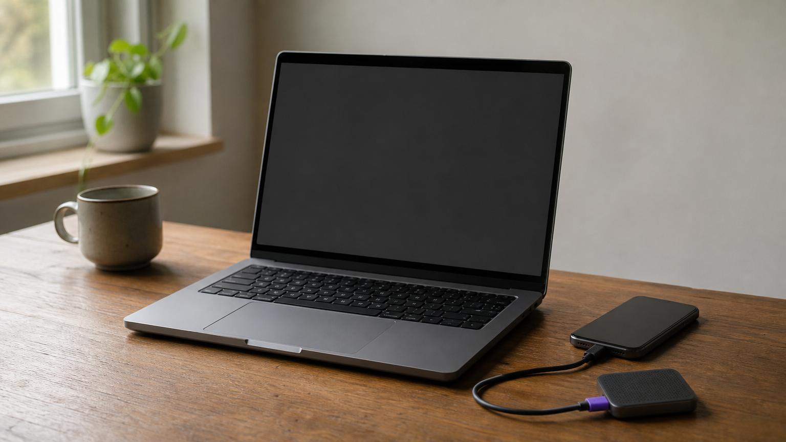 A laptop open beside a smartphone, linked by a short cable to a small external drive.