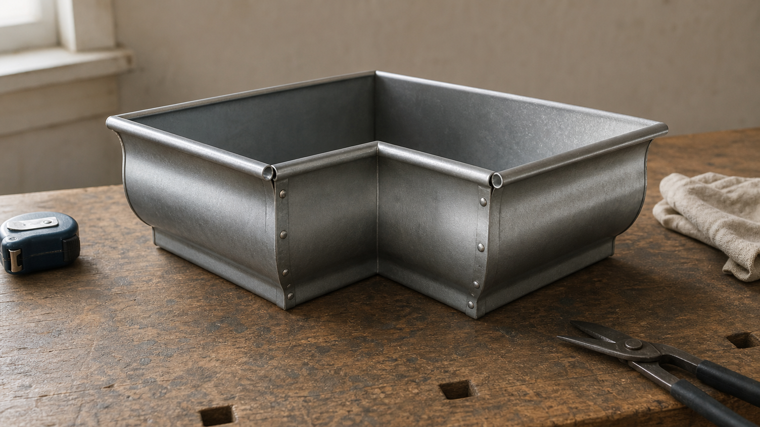 A preformed box miter corner piece joining two gutter runs, with its two seams visible.