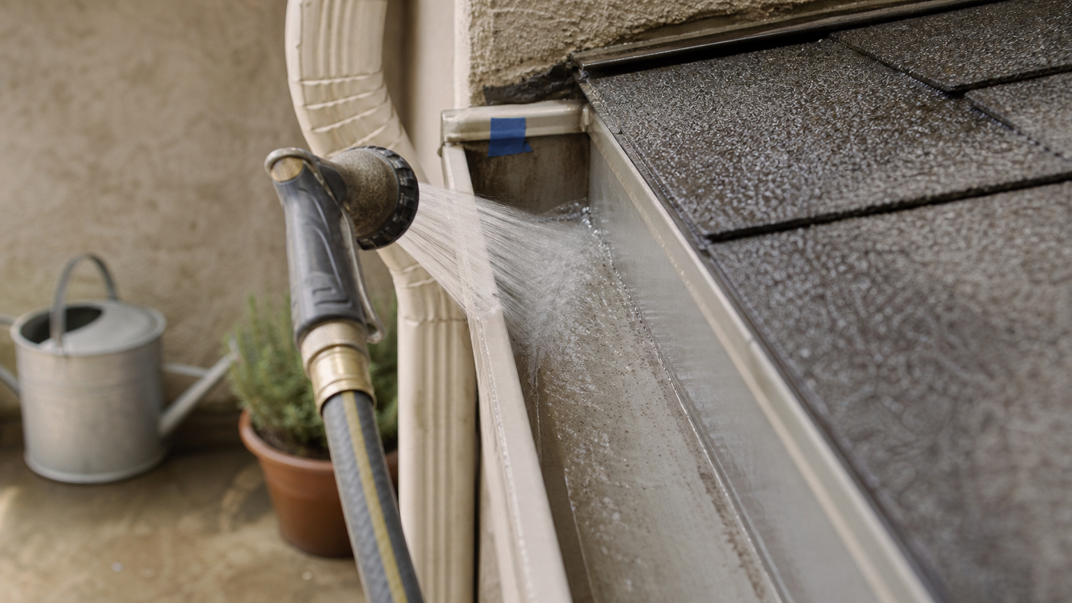 A garden hose sprays water along a gutter run toward a corner and downspout.