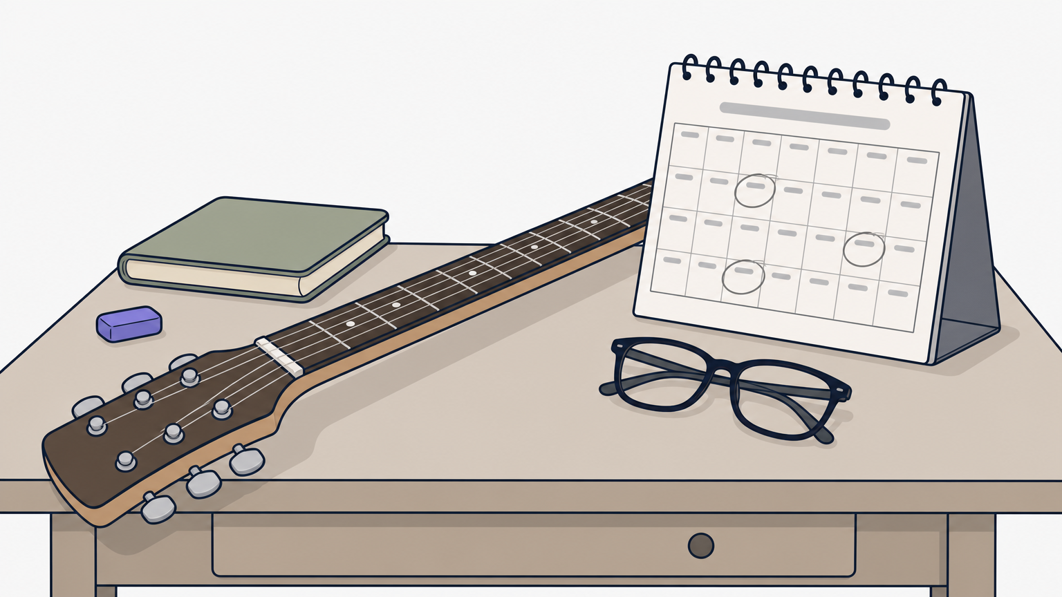 A guitar neck rests on a desk beside a wall calendar with three circled dates.