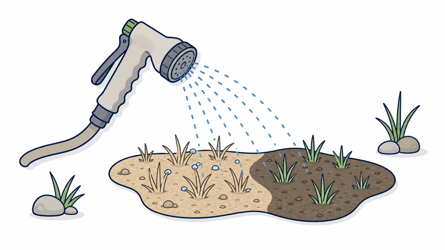 A sprayer misting a dry lawn patch, next to a patch where the water has soaked into the soil.