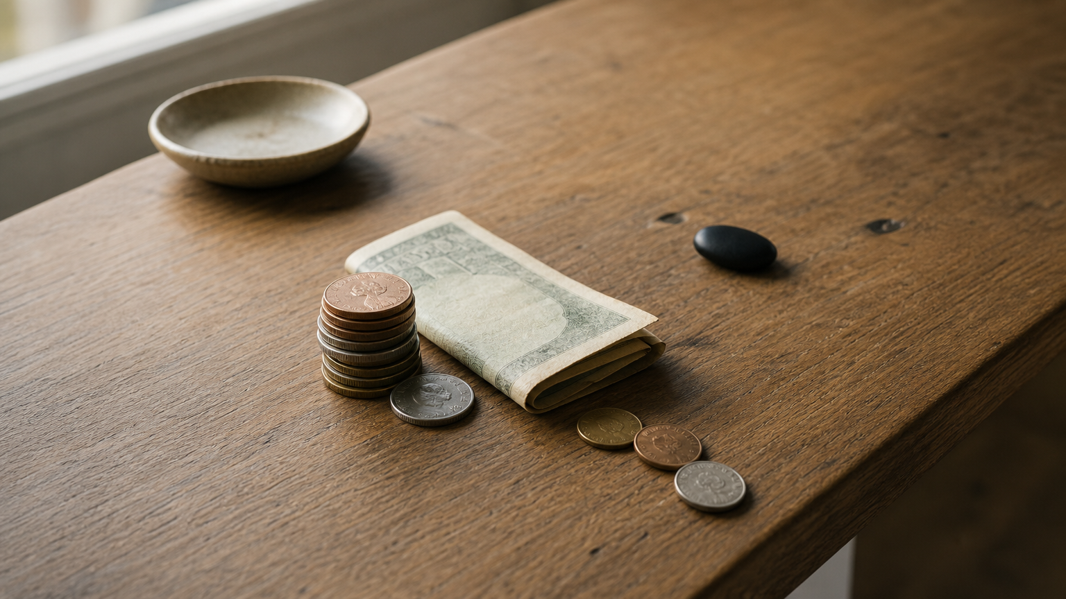 A stack of coins sits beside a folded paper bill on a table.
