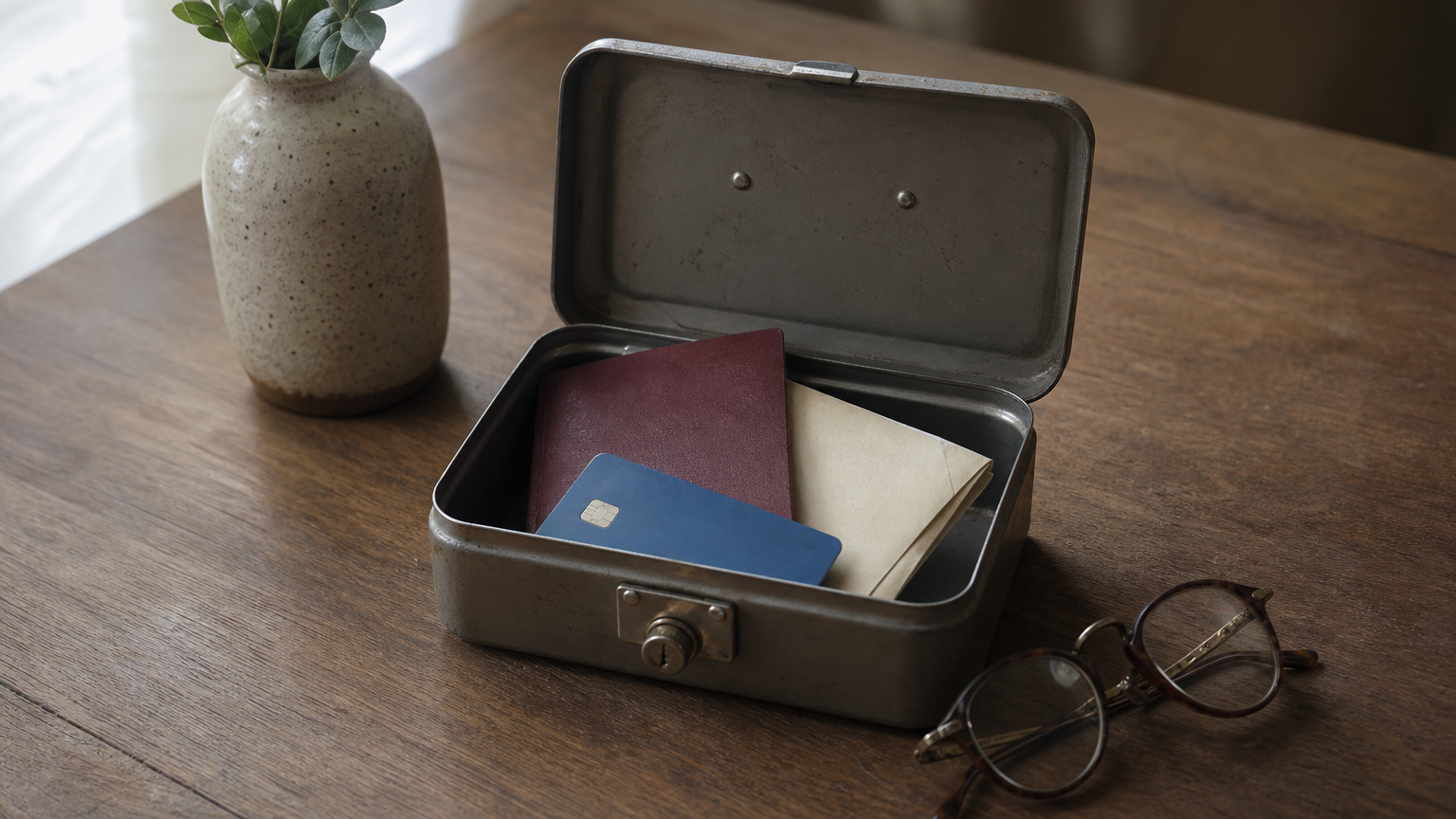 An open lockbox holding a passport, a payment card and a folded letter, with reading glasses beside it.