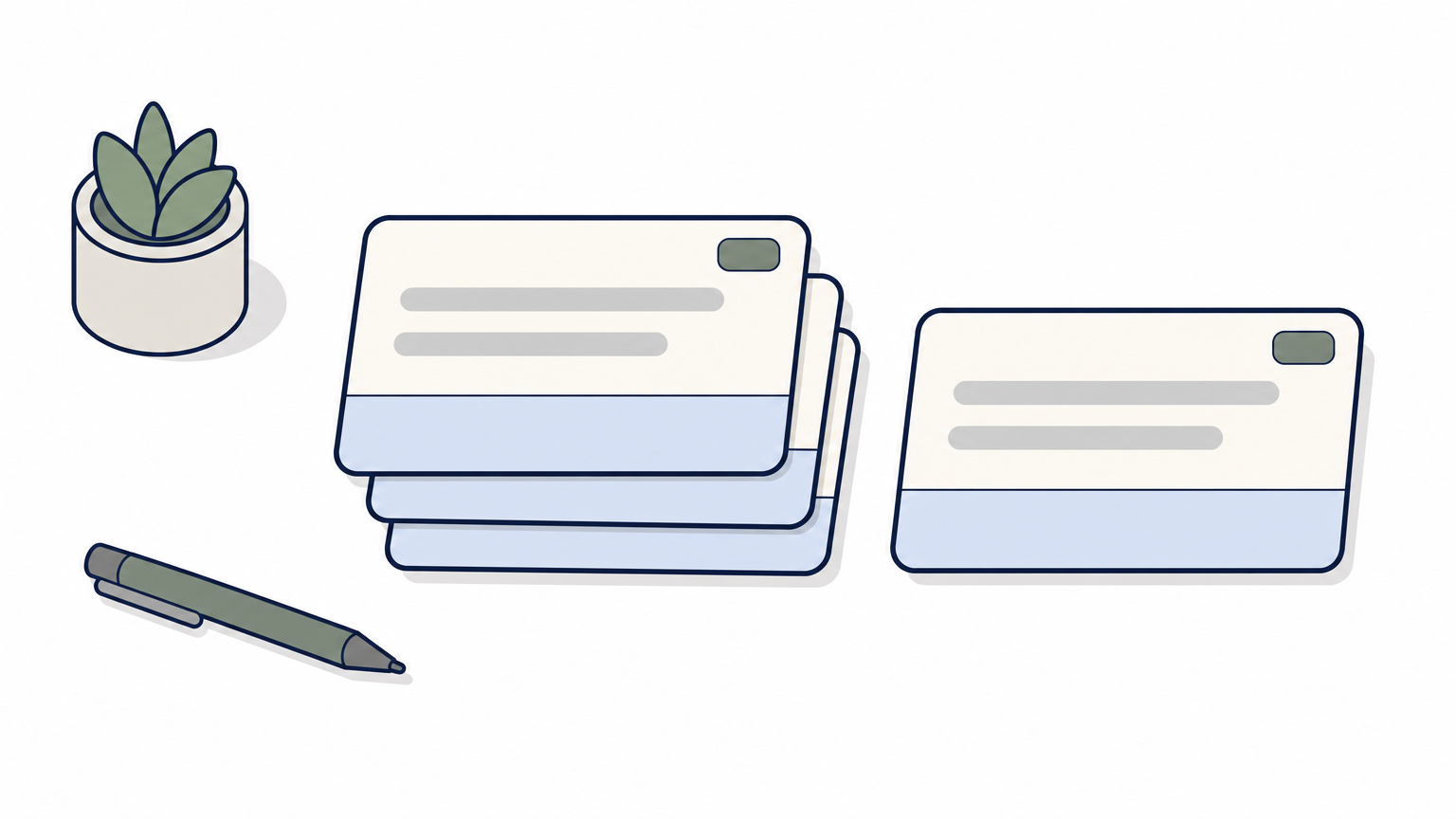 Three identical name tags stacked together beside a single tag on a desk.