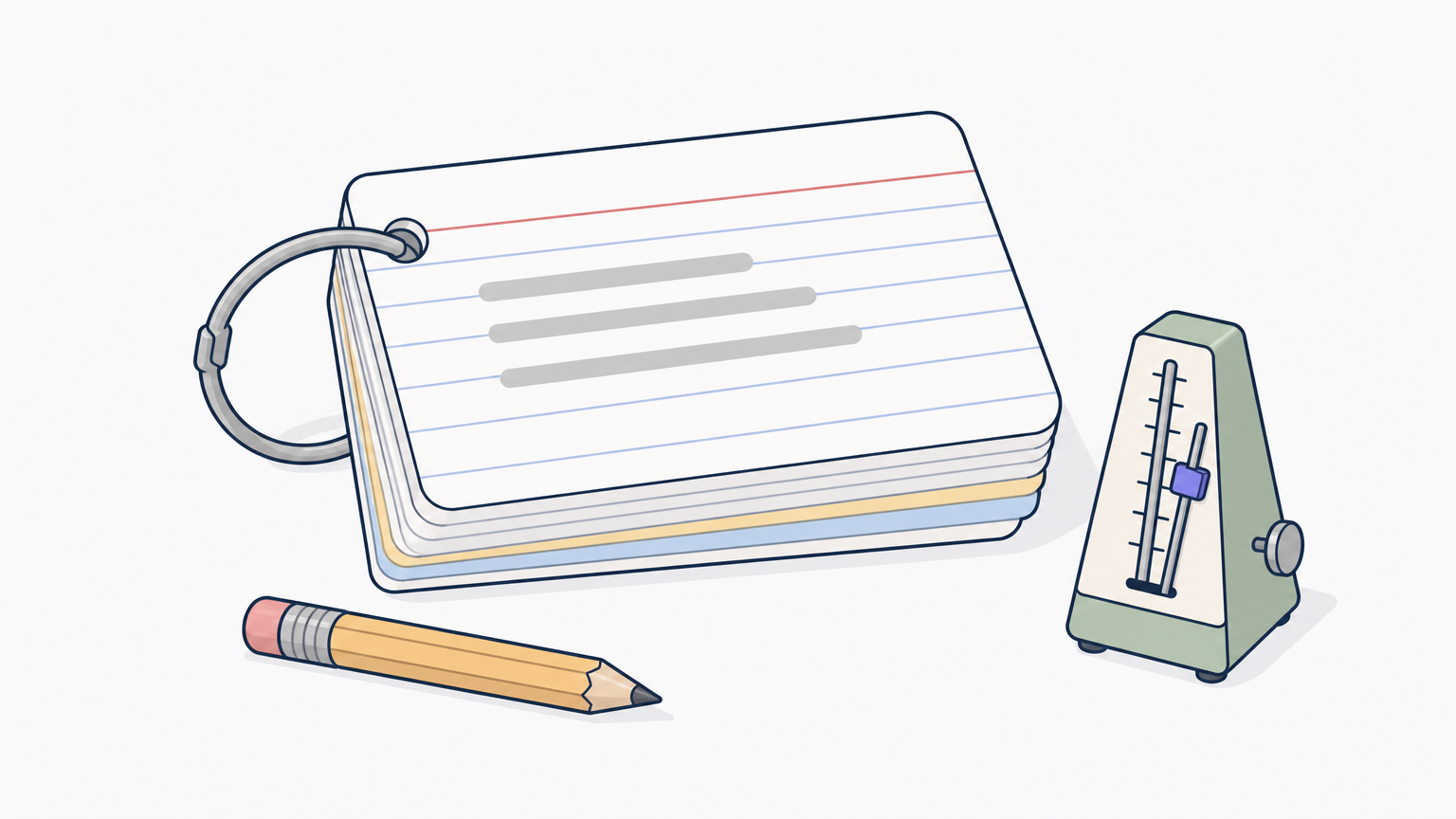 A stack of index cards on a key ring sits beside a pencil and a small metronome.