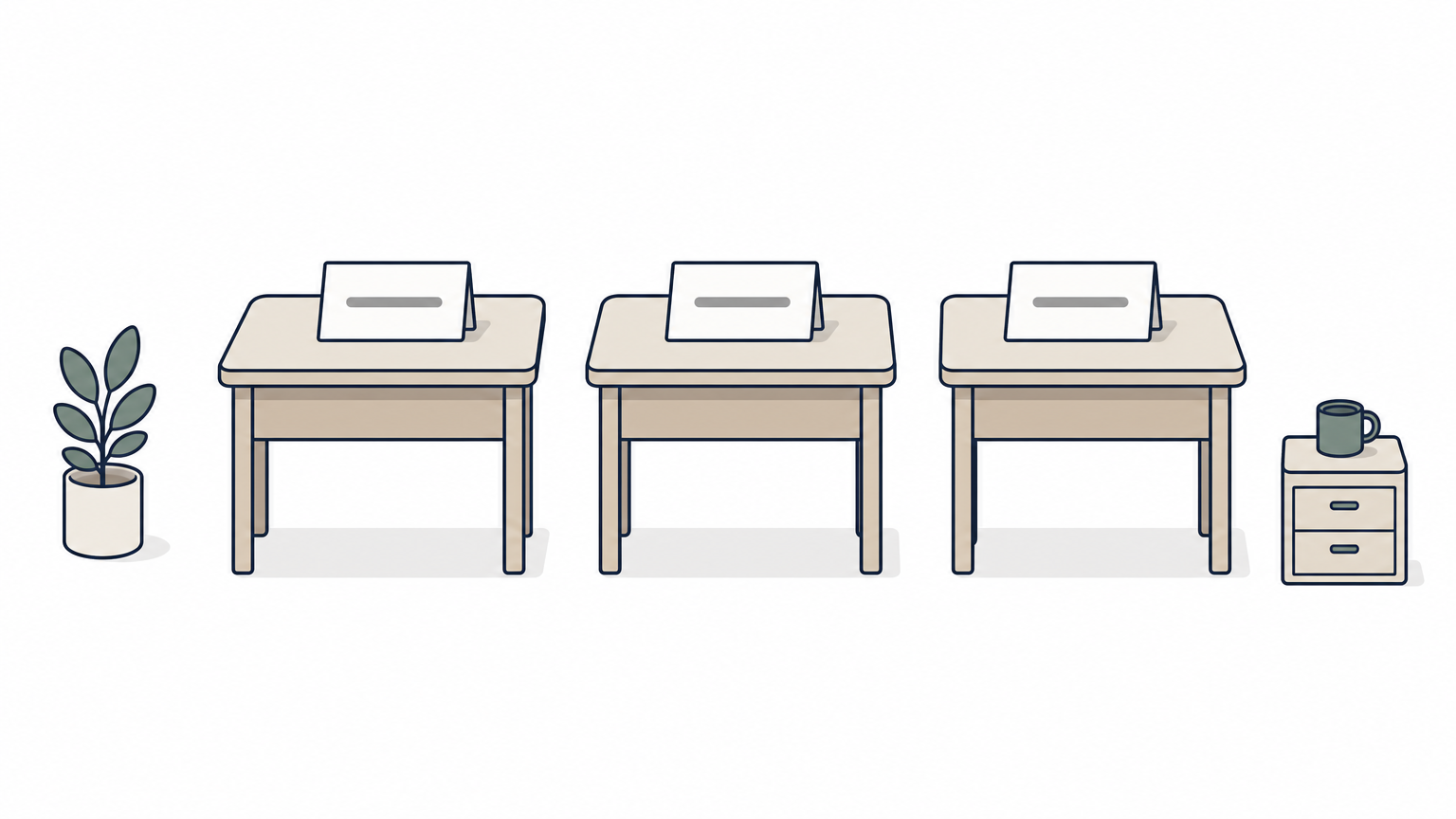Three desks in a row, each holding one name card at its center.