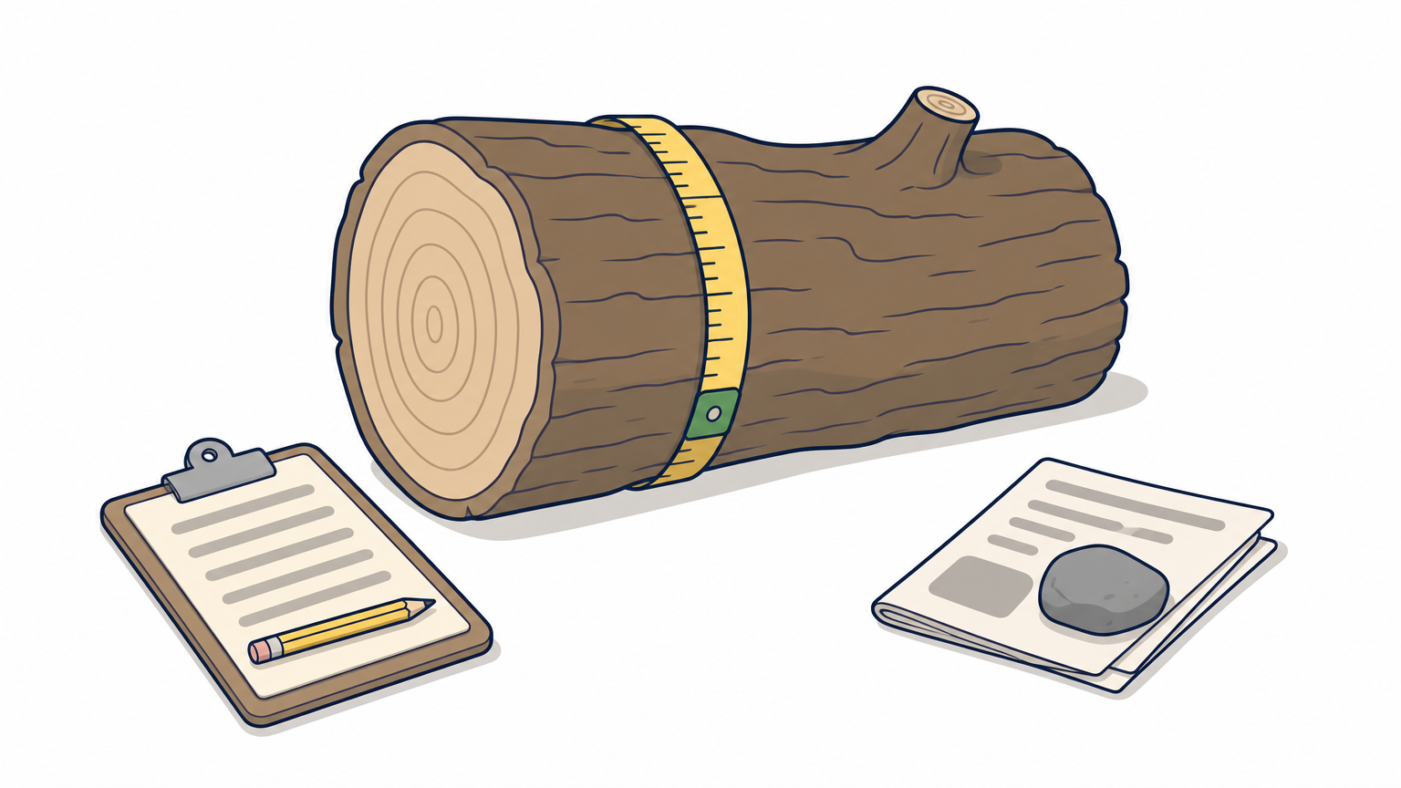 A tape measure wrapped around a fallen tree trunk, with a clipboard and pencil resting beside it.