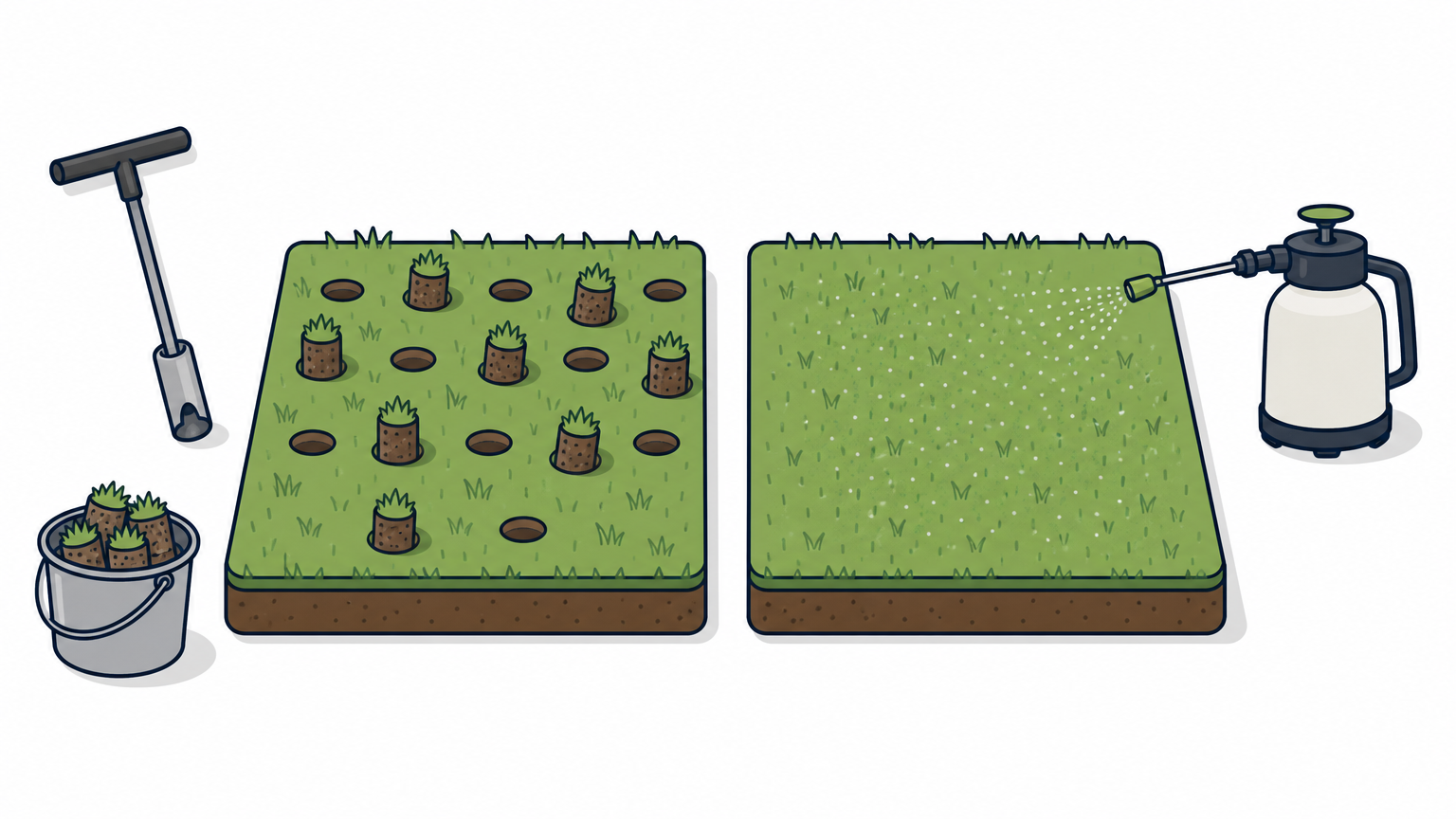 Two lawn plots, one with soil plugs pulled out and one with only a fine spray and no holes.