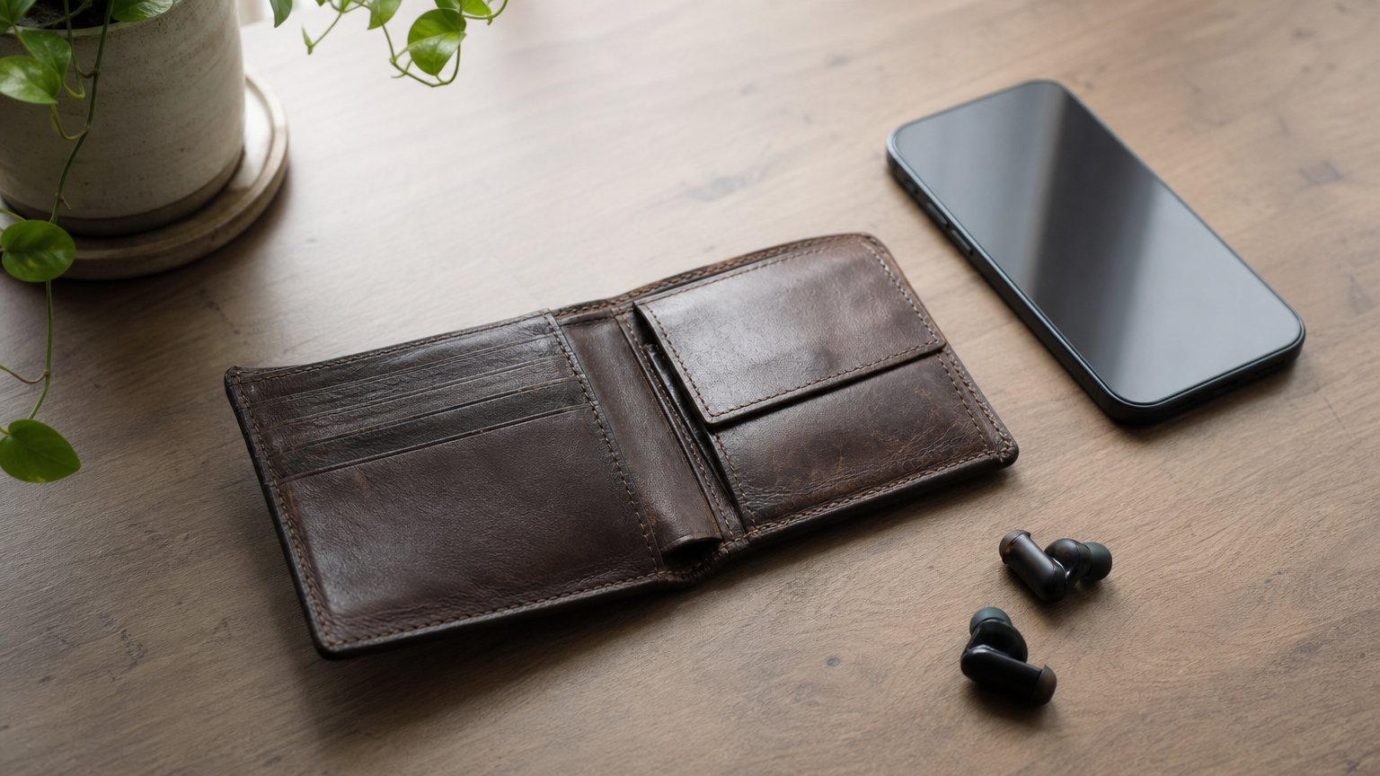 A wallet sits beside a smartphone and a pair of earbuds on a desk.