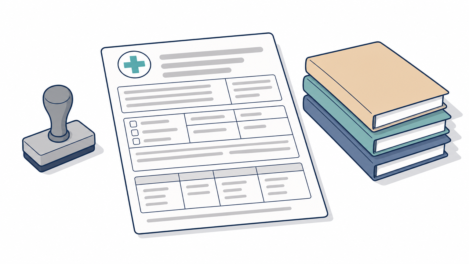 A paper claim form on a desk beside a rubber stamp and three stacked folders.