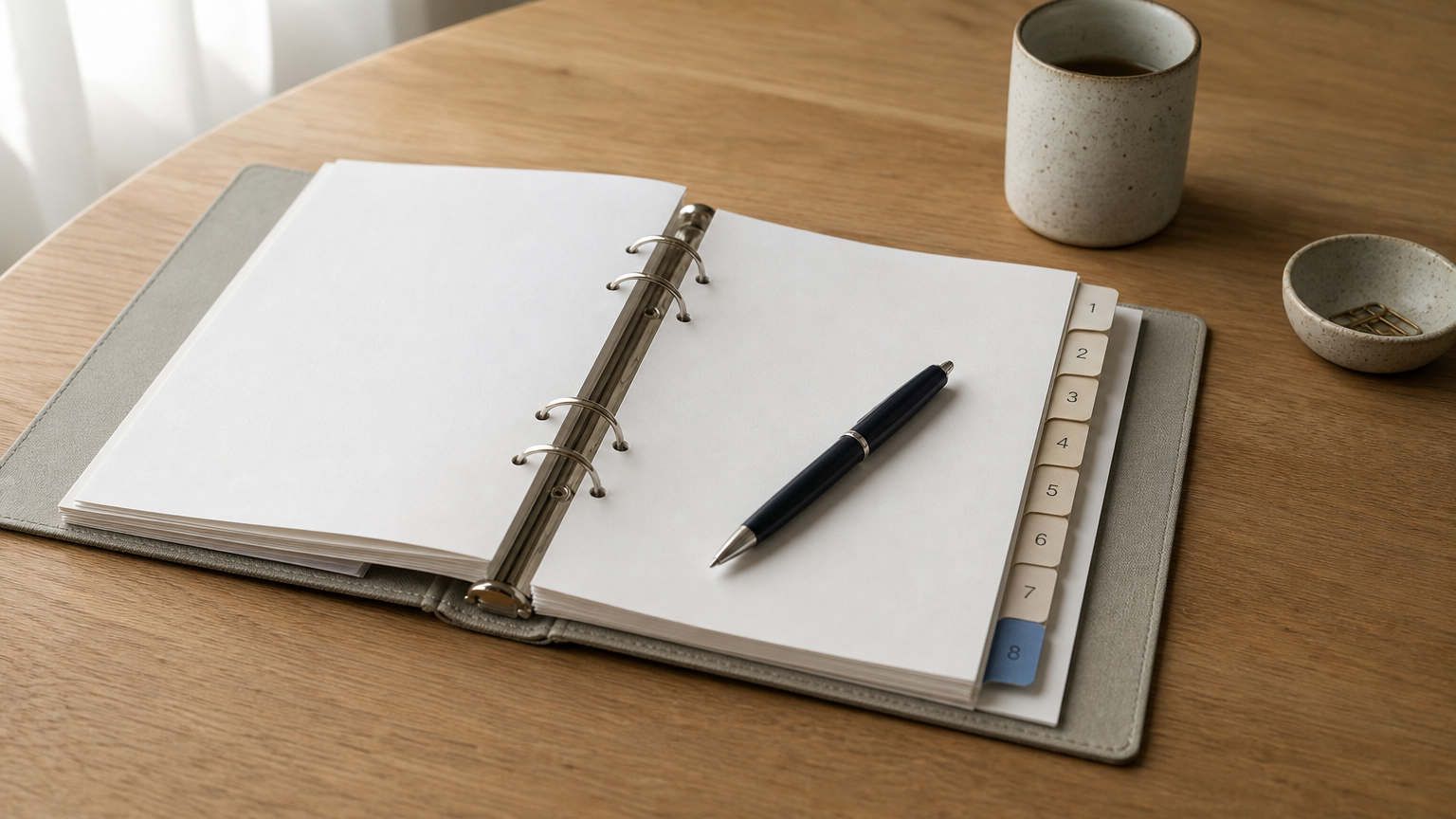 An open ring binder with eight numbered index tabs along its edge and a pen across the pages.