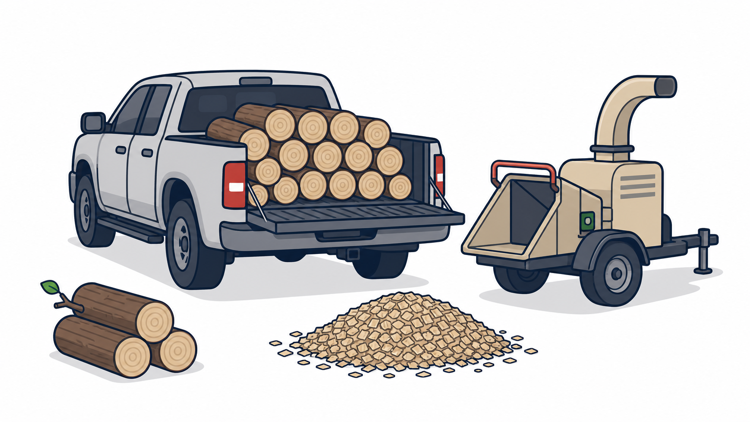 A pickup truck bed loaded with cut logs, beside a wood chipper and a pile of wood chips.
