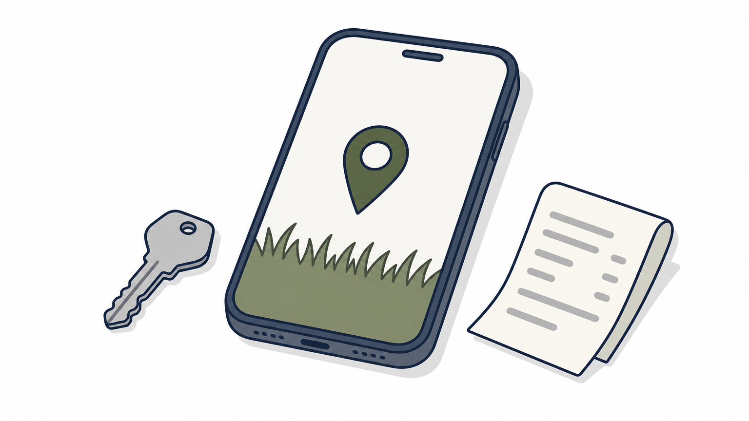A smartphone lies on a cut lawn edge beside a house key and a folded receipt.