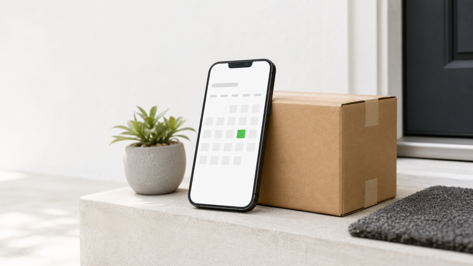 A phone with a calendar showing one highlighted open slot, next to a parcel on a doorstep.