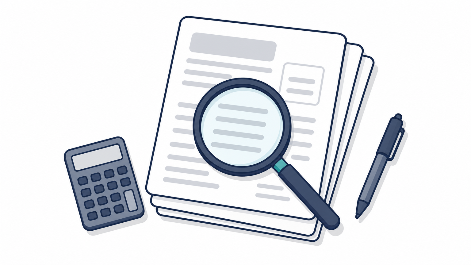 A magnifying glass over a stack of printed claim statements with a calculator beside them.